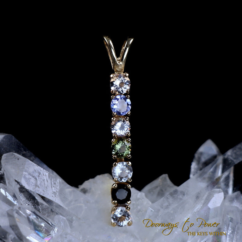 14k Gold Synergy 7 Stones Crystal Pendant with Satyaloka Azeztulite, Tanzanite, Danburite, Moldavite, Herderite, Tibetan Tektite &amp; Phenacite Gemstone.