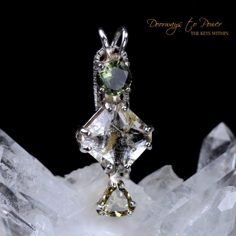 Moldavite Rutilated Quartz Yellow Tourmaline Magician Stone Pendant