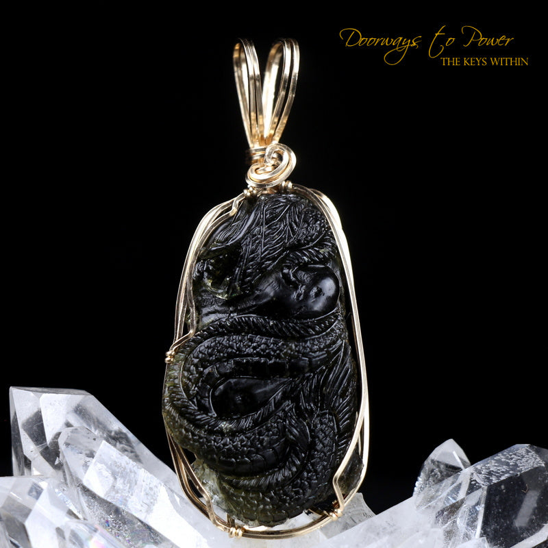 Moldavite Tektite Dragon Pendant Hand Carved 14k