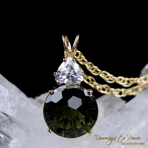 Moldavite & Phenacite Super Nova Crystal Pendant 14k