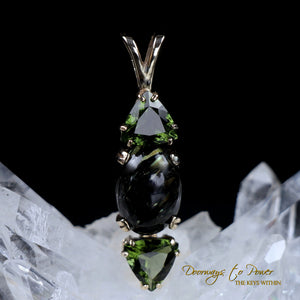 Nuummite Pendant with Moldavite Gemstones 14k