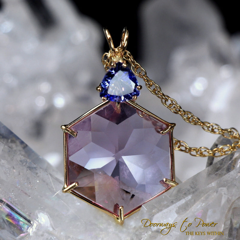 	
Ruby Lavender Quartz Crystal Pendant with Tanzanite in 14k Gold