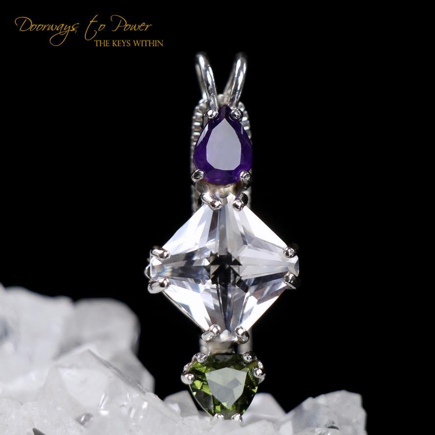 Amethyst Clear Quartz Moldavite Mini Magician Stone Pendant