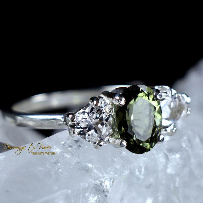 Moldavite Faceted Ring with Danburite