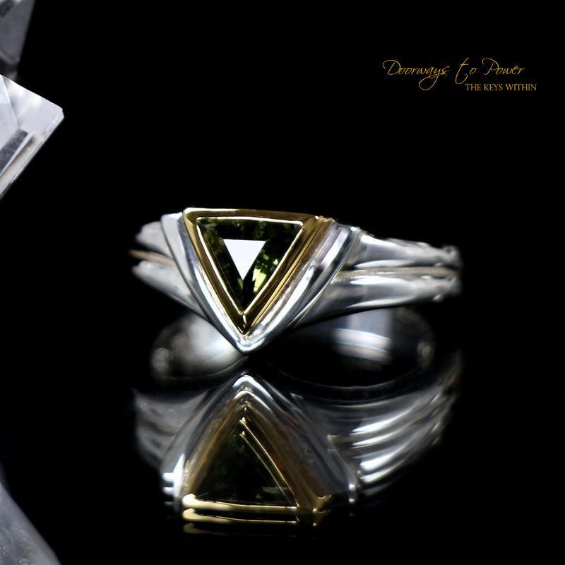 Moldavite Star Lineage Ring in 14k Gold Silver Combo