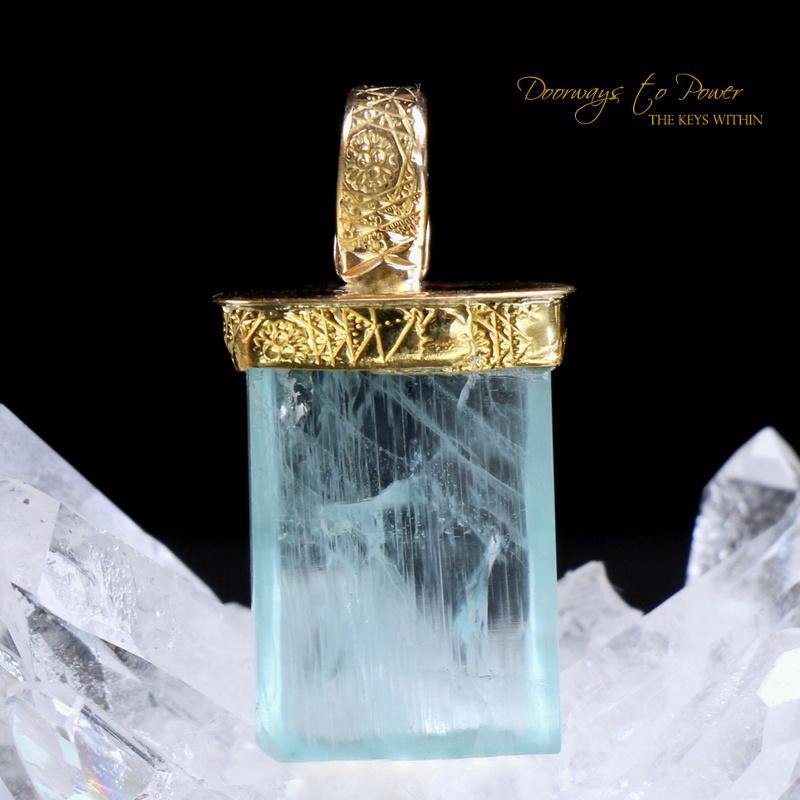 Aquamarine Light Language Crystal Pendant 22k Gold