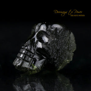 Leandro De Souza Moldavite Hand Carved Crystal Skull 'We Voyage in a Labyrinth'