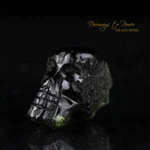 Leandro De Souza Moldavite Hand Carved Crystal Skull 'We Voyage in a Labyrinth'